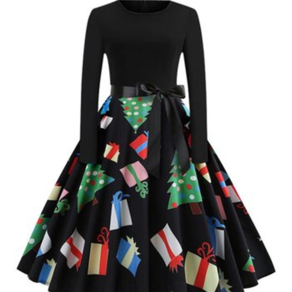 Black Christmas Tree & Gifts Long-Sleeve A-Line Dress-